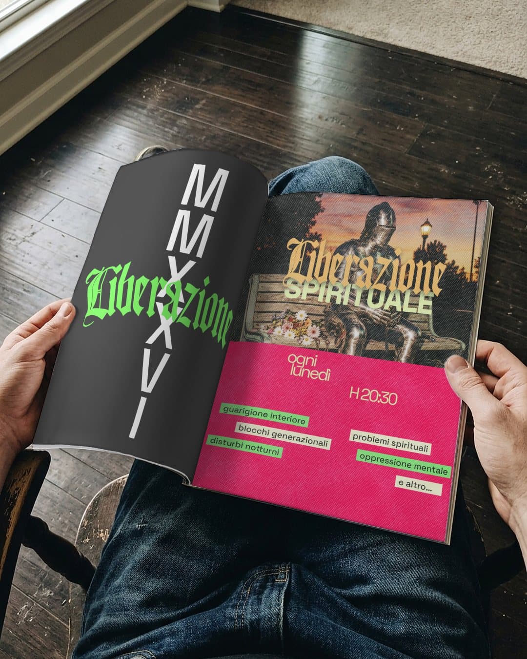 An open magazine held in two hands, showing the Spiritual Deliverance page