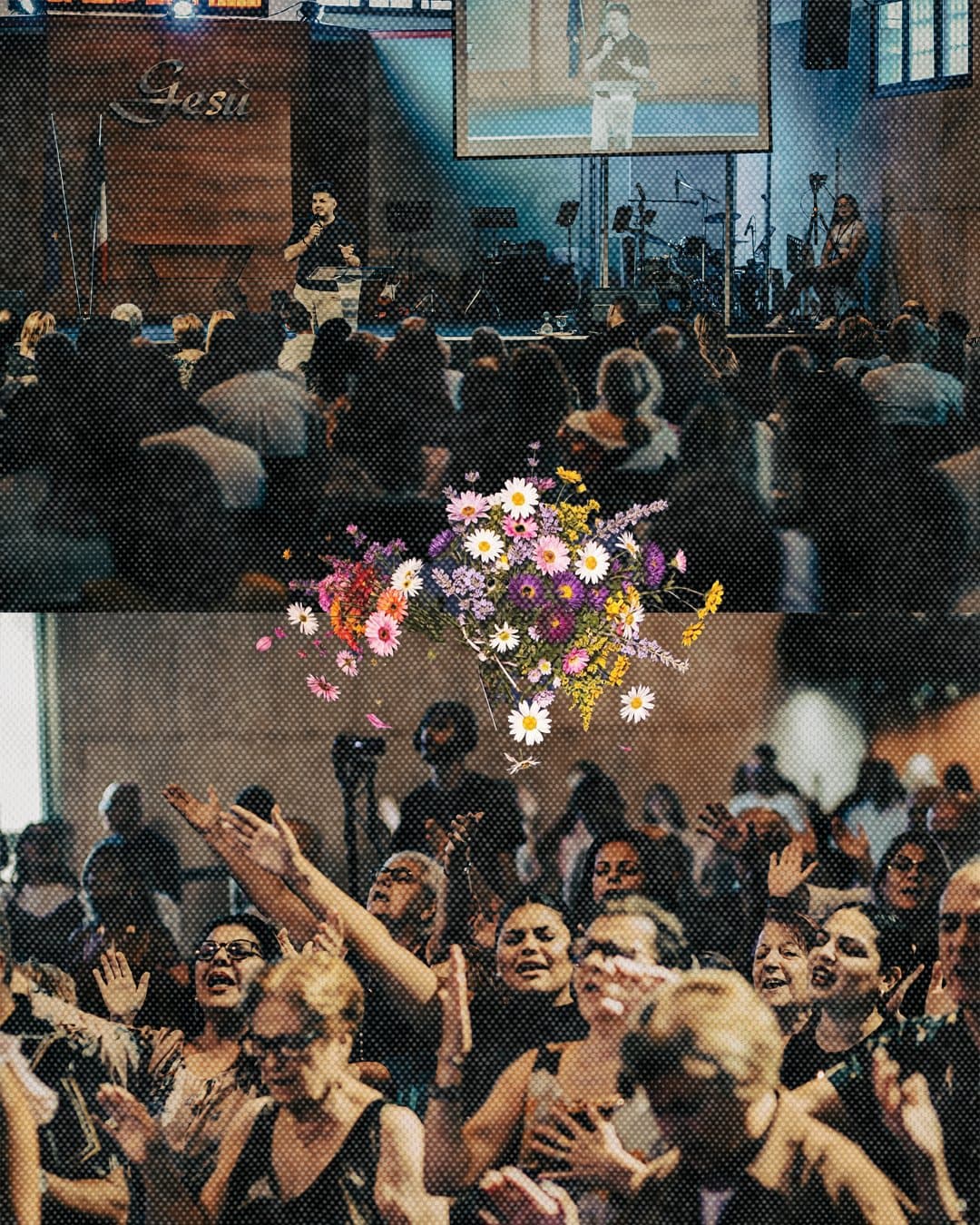 The main hall at Saron during a service: people with their hands raised in prayer