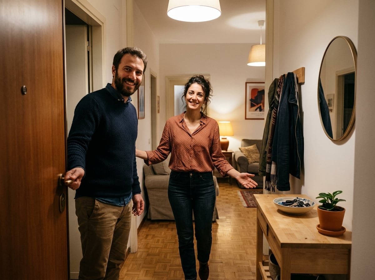 Una coppia apre la porta di casa e accoglie gli ospiti di una Saron Home